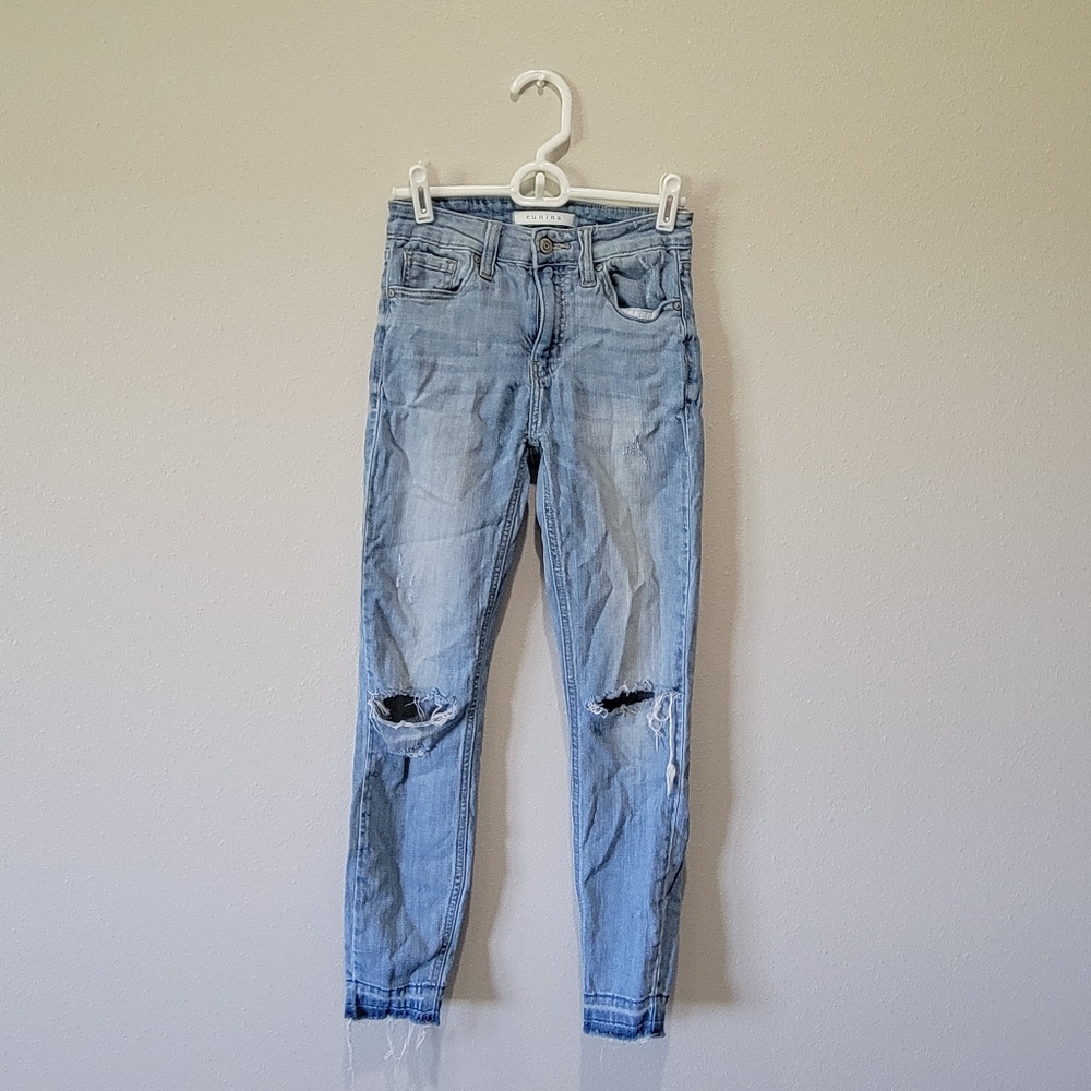 Eunina Lightwash Clara Distressed High Rise Skinny Crop Jeans Sz 0